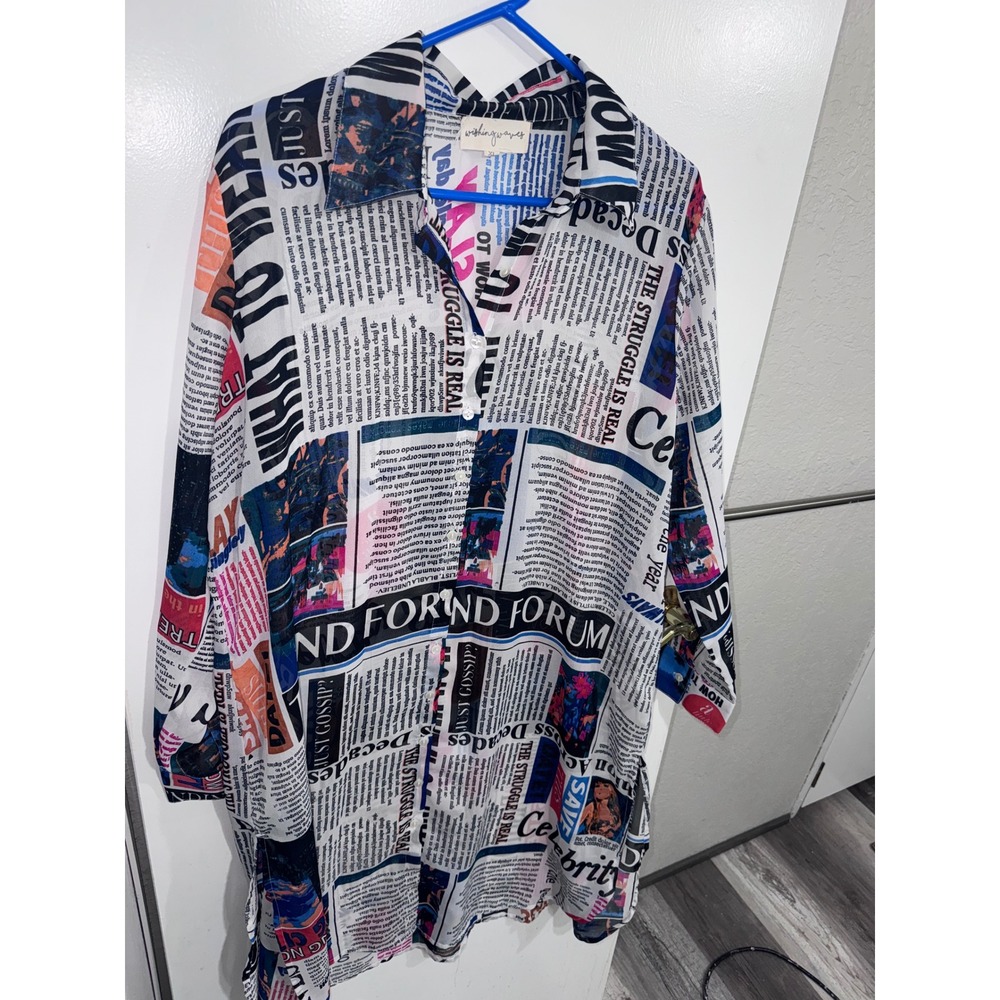 Wishing Waves Newspaper Print Button Up Tunic Shirt XL Long Sleeve‎ Streetwear